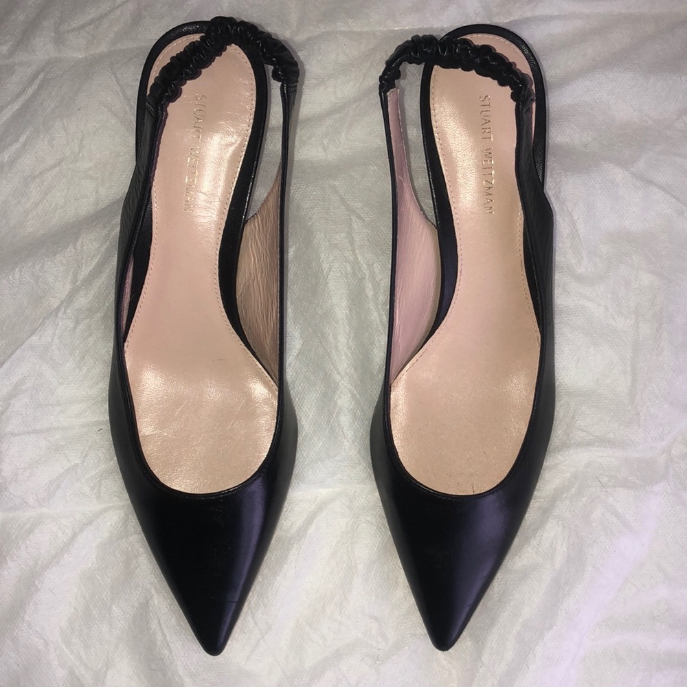 NEW Stuart Weitzman Sling Back Point Toe Black Leather Kitten Heel Size 6.5